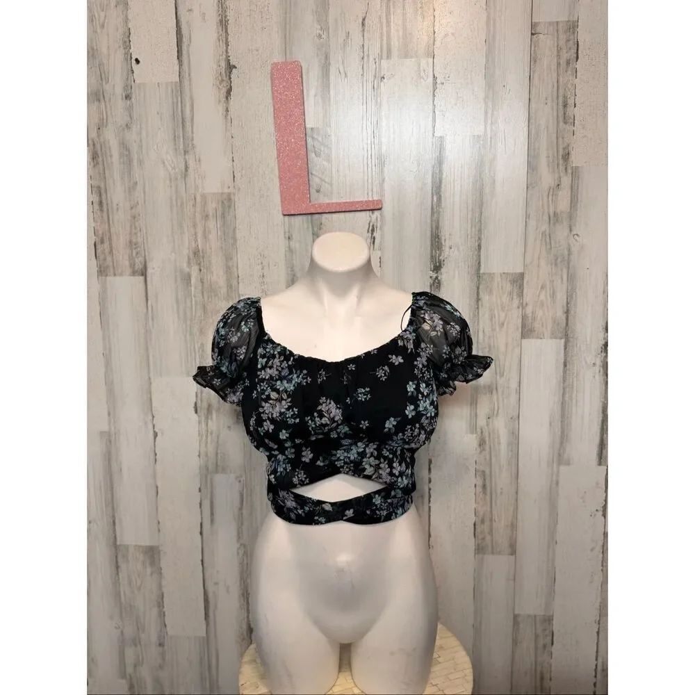 Love Tree Floral Puff Sleeve Wrap Crop Top Black Multi Size L